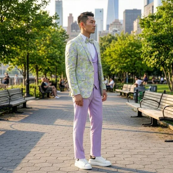 New 2026 Mens 3pc Spring Floral Lilac Suit Set, Skinny Fit - Picture 2 of 3